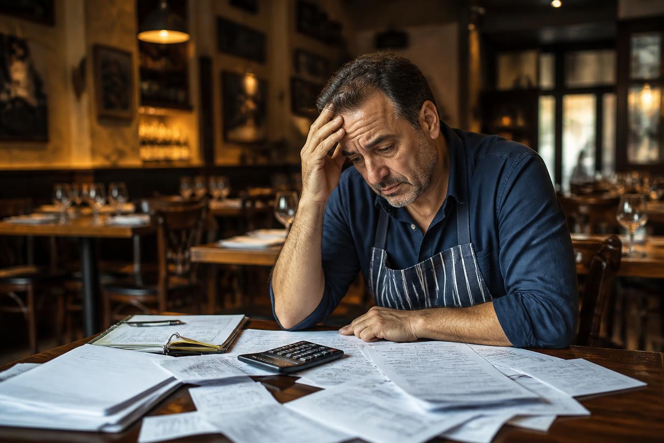 Ristoratore preoccupato tra tasse, adempimenti e documenti del personale